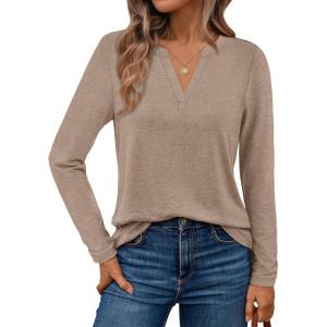 imageAUTOMET Womens Long Sleeve Shirts Fall Tops 2025 Henley Blouses Dressy Casual Business Basic Tees Trendy Cute TShirtsKhaki
