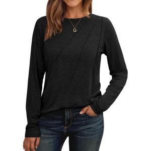 imageAUTOMET Womens Long Sleeve Shirts Pleated Crew Neck Casual Fall Fashion Tops Loose Fit Lightweight Girls Outfits ClothesBlack