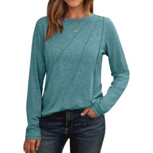 imageAUTOMET Womens Long Sleeve Shirts Pleated Crew Neck Casual Fall Fashion Tops Loose Fit Lightweight Girls Outfits ClothesBluegreen