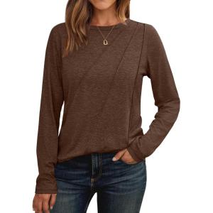 imageAUTOMET Womens Long Sleeve Shirts Pleated Crew Neck Casual Fall Fashion Tops Loose Fit Lightweight Girls Outfits ClothesBrown