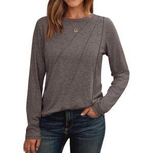 imageAUTOMET Womens Long Sleeve Shirts Pleated Crew Neck Casual Fall Fashion Tops Loose Fit Lightweight Girls Outfits ClothesCoffeegrey