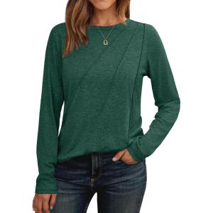imageAUTOMET Womens Long Sleeve Shirts Pleated Crew Neck Casual Fall Fashion Tops Loose Fit Lightweight Girls Outfits ClothesDarkgreen