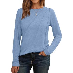 imageAUTOMET Womens Long Sleeve Shirts Pleated Crew Neck Casual Fall Fashion Tops Loose Fit Lightweight Girls Outfits ClothesLightblue