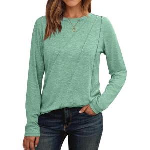 imageAUTOMET Womens Long Sleeve Shirts Pleated Crew Neck Casual Fall Fashion Tops Loose Fit Lightweight Girls Outfits ClothesLightgreen
