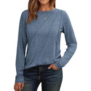 imageAUTOMET Womens Long Sleeve Shirts Pleated Crew Neck Casual Fall Fashion Tops Loose Fit Lightweight Girls Outfits ClothesNavy