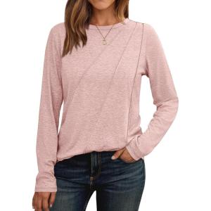 imageAUTOMET Womens Long Sleeve Shirts Pleated Crew Neck Casual Fall Fashion Tops Loose Fit Lightweight Girls Outfits ClothesPink