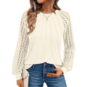 imageAUTOMET Womens Long Sleeve Shirts Pleated Lace Tops Fall Fashion Outfits Business Casual BlousesApricot