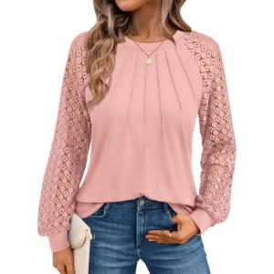 imageAUTOMET Womens Long Sleeve Shirts Pleated Lace Tops Fall Fashion Outfits Business Casual BlousesCoral