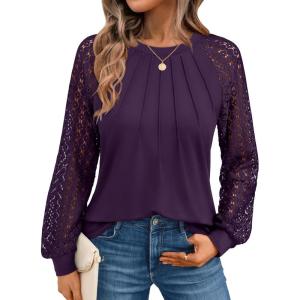 imageAUTOMET Womens Long Sleeve Shirts Pleated Lace Tops Fall Fashion Outfits Business Casual BlousesDarkpurple