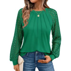 imageAUTOMET Womens Long Sleeve Shirts Pleated Lace Tops Fall Fashion Outfits Business Casual BlousesGrass