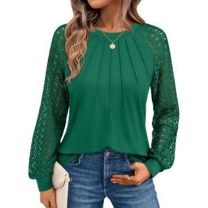 imageAUTOMET Womens Long Sleeve Shirts Pleated Lace Tops Fall Fashion Outfits Business Casual BlousesGreen