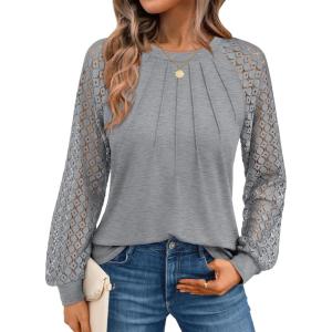 imageAUTOMET Womens Long Sleeve Shirts Pleated Lace Tops Fall Fashion Outfits Business Casual BlousesGrey
