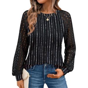 imageAUTOMET Womens Long Sleeve Shirts Pleated Lace Tops Fall Fashion Outfits Business Casual BlousesPrinting Black