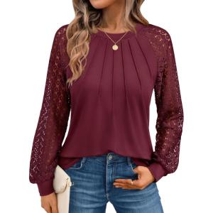 imageAUTOMET Womens Long Sleeve Shirts Pleated Lace Tops Fall Fashion Outfits Business Casual BlousesRed