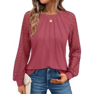 imageAUTOMET Womens Long Sleeve Shirts Pleated Lace Tops Fall Fashion Outfits Business Casual BlousesRust