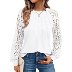 imageAUTOMET Womens Long Sleeve Shirts Pleated Lace Tops Fall Fashion Outfits Business Casual BlousesWhite