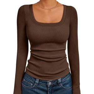 imageAUTOMET Womens Long Sleeve Shirts Square Neck Tops Ribbed Knit Basic Teen Girls Crop Tops Fall Outfits Fashion Clothes 2025Brown