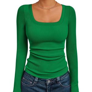 imageAUTOMET Womens Long Sleeve Shirts Square Neck Tops Ribbed Knit Basic Teen Girls Crop Tops Fall Outfits Fashion Clothes 2025Green