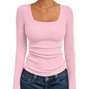 imageAUTOMET Womens Long Sleeve Shirts Square Neck Tops Ribbed Knit Basic Teen Girls Crop Tops Fall Outfits Fashion Clothes 2025Pink