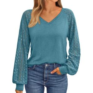 imageAUTOMET Womens Long Sleeve Shirts VNeck Lace Tops Business Casual Blouses Tee Trendy 2025 Fall Fashion Outfits ClothesBluegreen