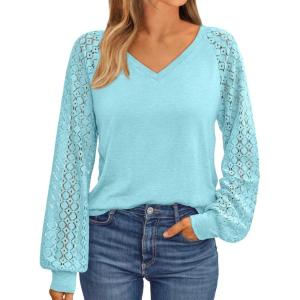 imageAUTOMET Womens Long Sleeve Shirts VNeck Lace Tops Business Casual Blouses Tee Trendy 2025 Fall Fashion Outfits ClothesCyan