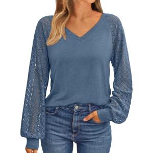 imageAUTOMET Womens Long Sleeve Shirts VNeck Lace Tops Business Casual Blouses Tee Trendy 2025 Fall Fashion Outfits ClothesGreyblue