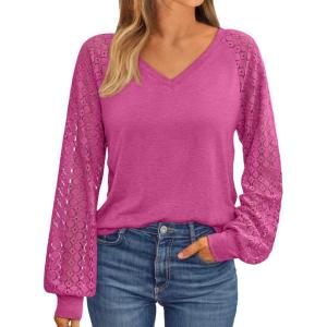 imageAUTOMET Womens Long Sleeve Shirts VNeck Lace Tops Business Casual Blouses Tee Trendy 2025 Fall Fashion Outfits ClothesHotpink