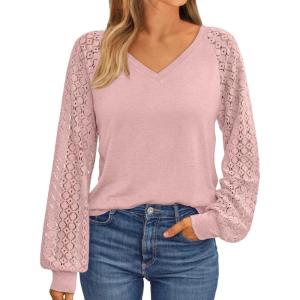 imageAUTOMET Womens Long Sleeve Shirts VNeck Lace Tops Business Casual Blouses Tee Trendy 2025 Fall Fashion Outfits ClothesPink