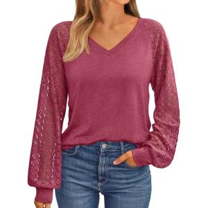 imageAUTOMET Womens Long Sleeve Shirts VNeck Lace Tops Business Casual Blouses Tee Trendy 2025 Fall Fashion Outfits ClothesRed