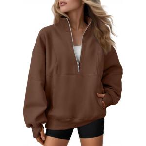 imageAUTOMET Womens Quarter Zip Oversized Sweatshirts Teen Fleece Pullover Hoodies 2025 Mock Neck Sweater Fall Workout JacketBrown