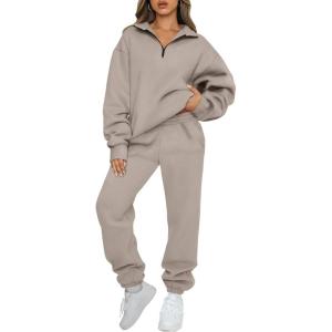 imageAUTOMET Womens Sweatsuits 2 Piece Outfits Lounge Sets Long Sleeve Half Zip Pullover and Baggy Sweatpants with PocketsCoffeegrey