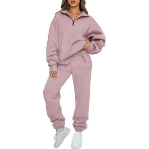 imageAUTOMET Womens Sweatsuits 2 Piece Outfits Lounge Sets Long Sleeve Half Zip Pullover and Baggy Sweatpants with PocketsDarkpink