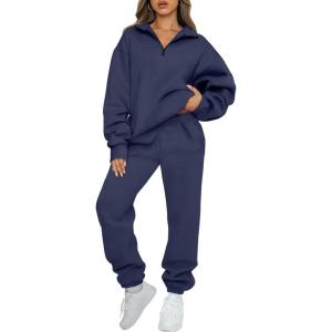 imageAUTOMET Womens Sweatsuits 2 Piece Outfits Lounge Sets Long Sleeve Half Zip Pullover and Baggy Sweatpants with PocketsNavyblue