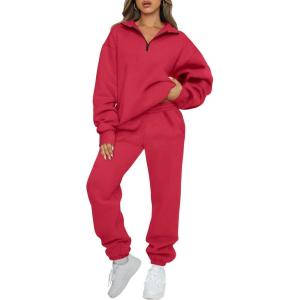imageAUTOMET Womens Sweatsuits 2 Piece Outfits Lounge Sets Long Sleeve Half Zip Pullover and Baggy Sweatpants with PocketsRed