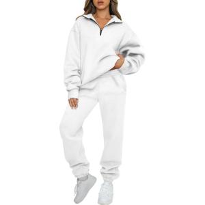 imageAUTOMET Womens Sweatsuits 2 Piece Outfits Lounge Sets Long Sleeve Half Zip Pullover and Baggy Sweatpants with PocketsWhite
