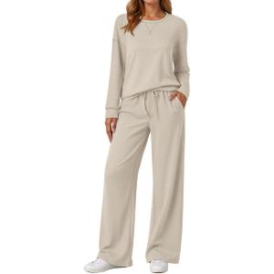 imageAUTOMET Womens Sweatsuits 2 Piece Sets Travel Outfits 2025 Fall Matching Lounge Set Oversized Sweatshirt Wide Leg PantsKhaki