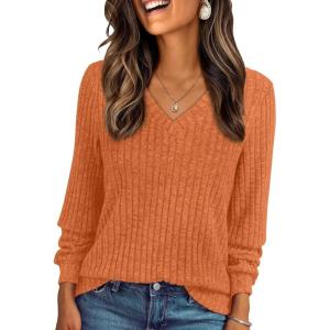 imageAUTOMET Womens V Neck Long Sleeve Shirt Fall Fashion Tops Tunic Dressy Casual Sweater Clothes Cute Trendy Work Outfits 2025Pumpkin