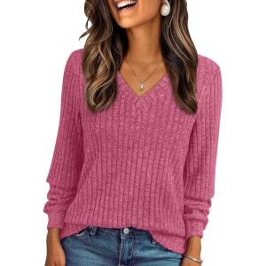 imageAUTOMET Womens V Neck Long Sleeve Shirt Fall Fashion Tops Tunic Dressy Casual Sweater Clothes Cute Trendy Work Outfits 2025Rose