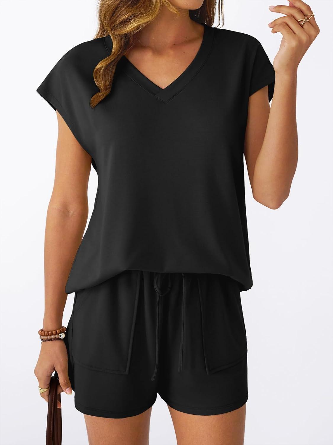 imageAUTOMET 2 Piece V Neck Cap Sleeve Shirt and Shorts Set Womens Matching Summer Lounge SetsBlack