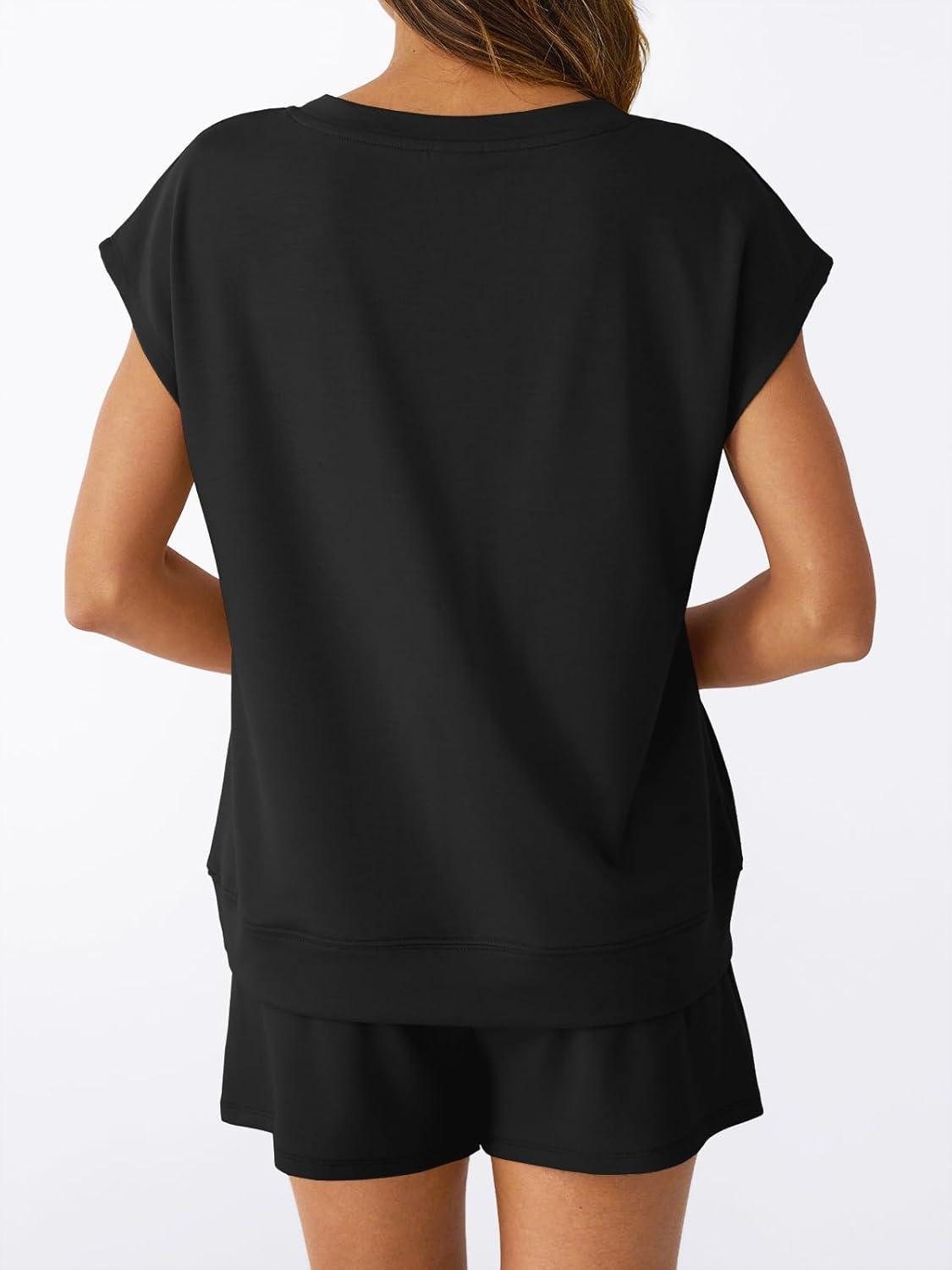 imageAUTOMET 2 Piece V Neck Cap Sleeve Shirt and Shorts Set Womens Matching Summer Lounge SetsBlack