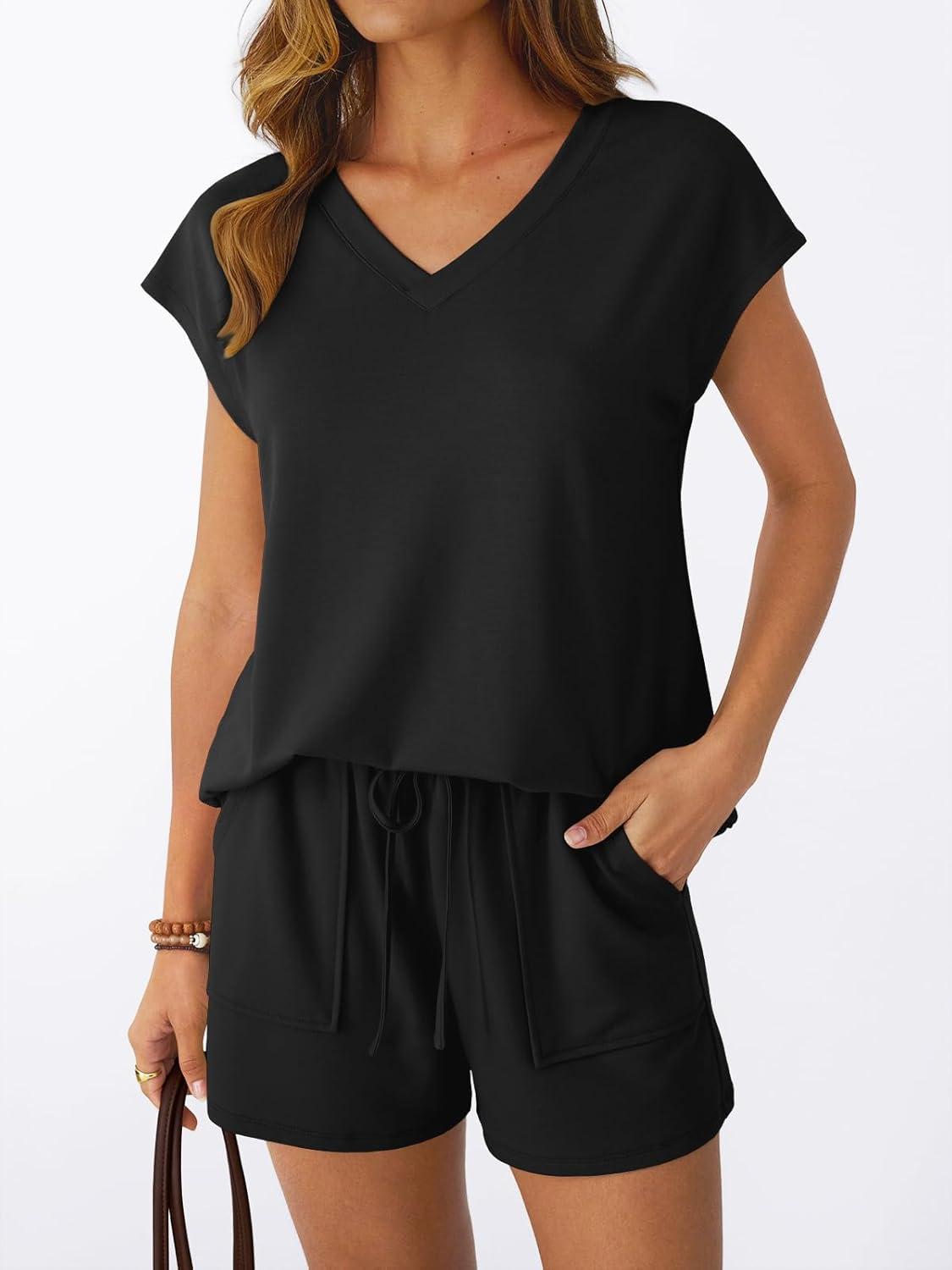 imageAUTOMET 2 Piece V Neck Cap Sleeve Shirt and Shorts Set Womens Matching Summer Lounge SetsBlack