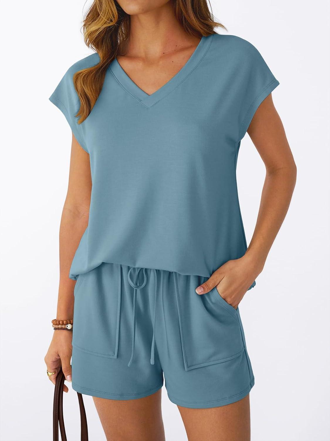 imageAUTOMET 2 Piece V Neck Cap Sleeve Shirt and Shorts Set Womens Matching Summer Lounge SetsDusty Blue