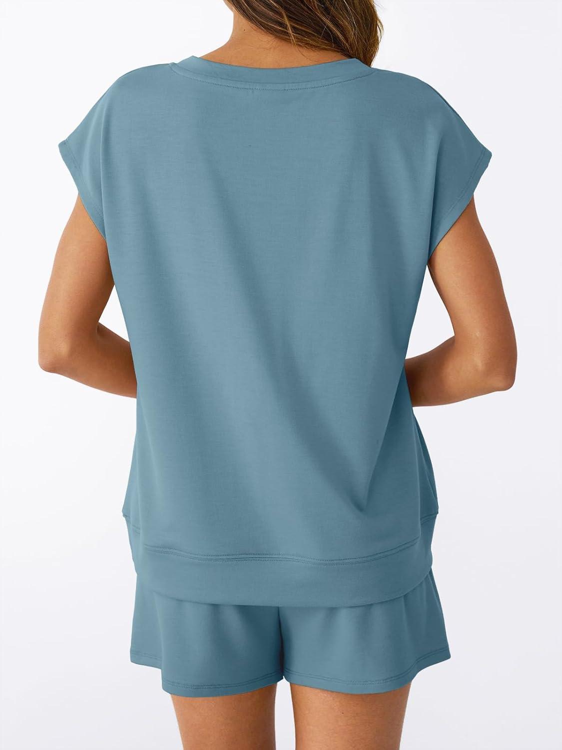 imageAUTOMET 2 Piece V Neck Cap Sleeve Shirt and Shorts Set Womens Matching Summer Lounge SetsDusty Blue