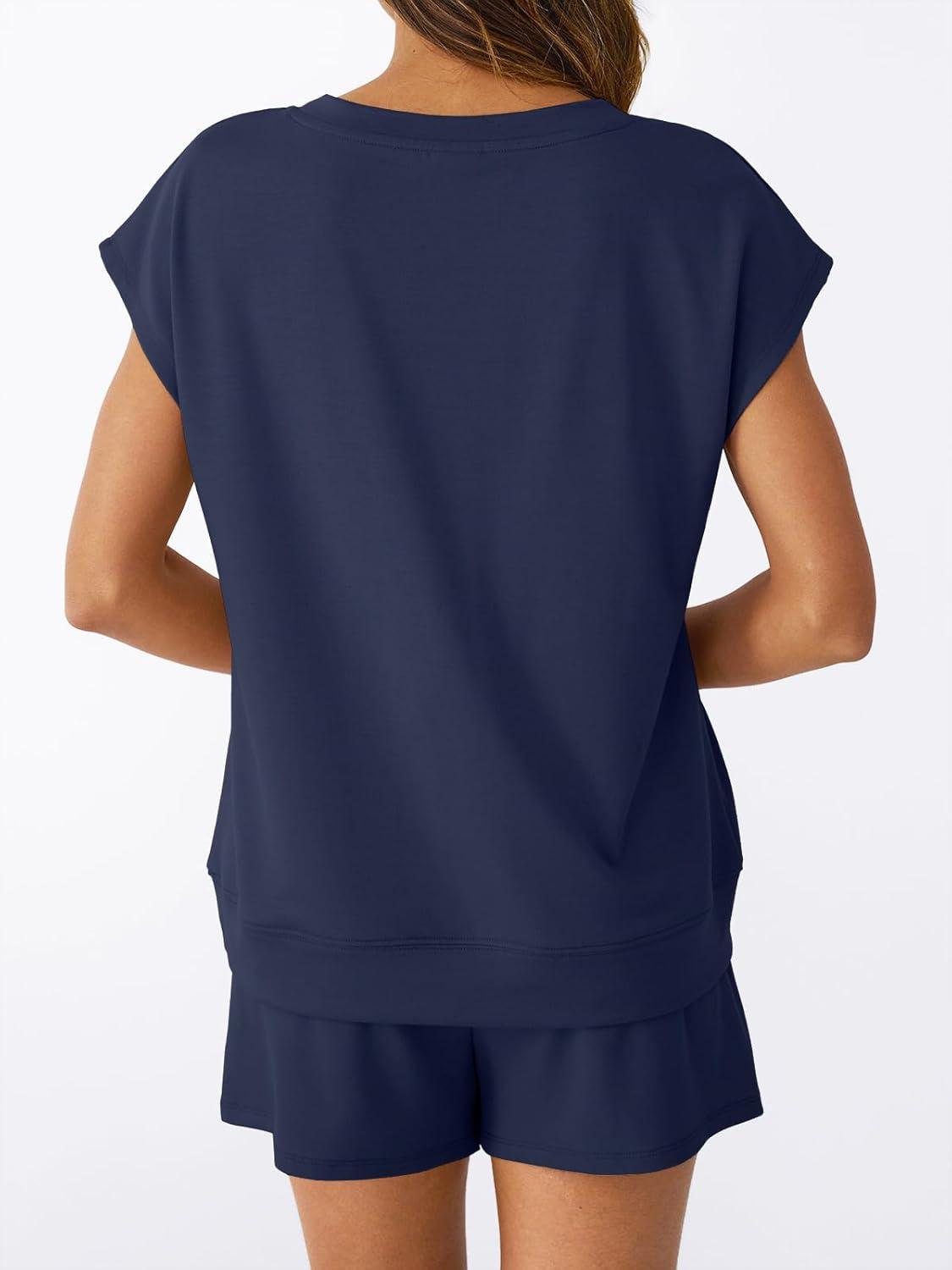 imageAUTOMET 2 Piece V Neck Cap Sleeve Shirt and Shorts Set Womens Matching Summer Lounge SetsNavy