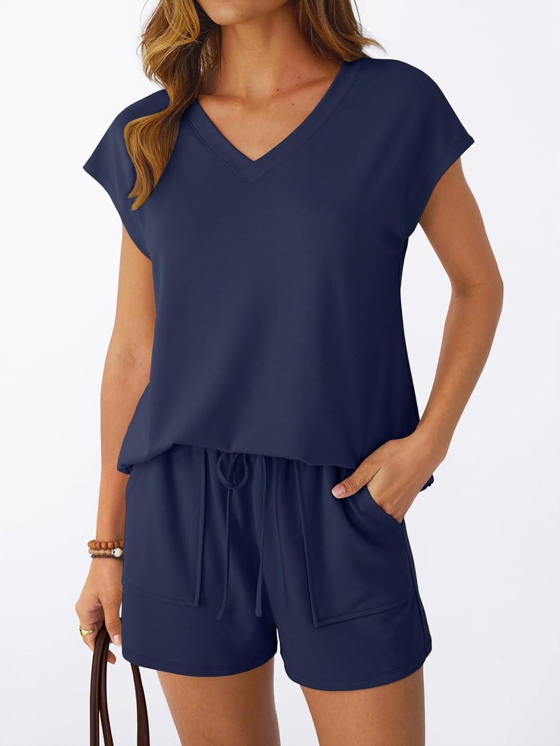 imageAUTOMET 2 Piece V Neck Cap Sleeve Shirt and Shorts Set Womens Matching Summer Lounge SetsNavy