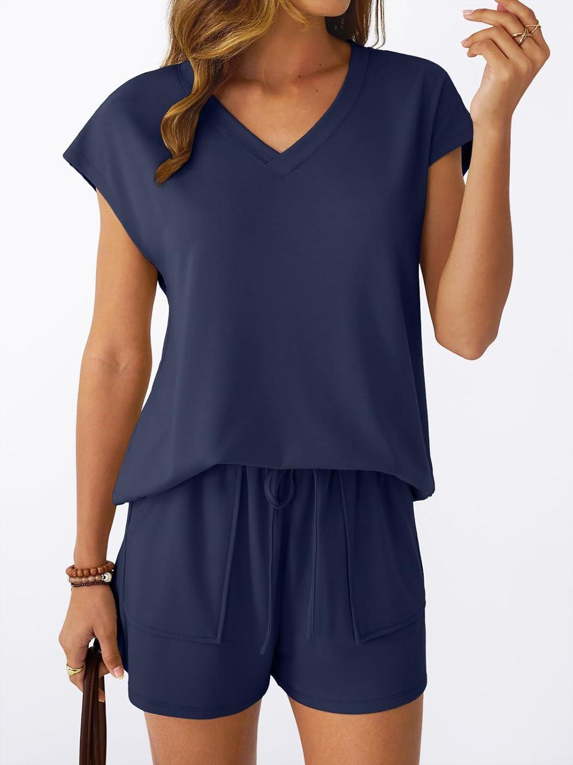 imageAUTOMET 2 Piece V Neck Cap Sleeve Shirt and Shorts Set Womens Matching Summer Lounge SetsNavy