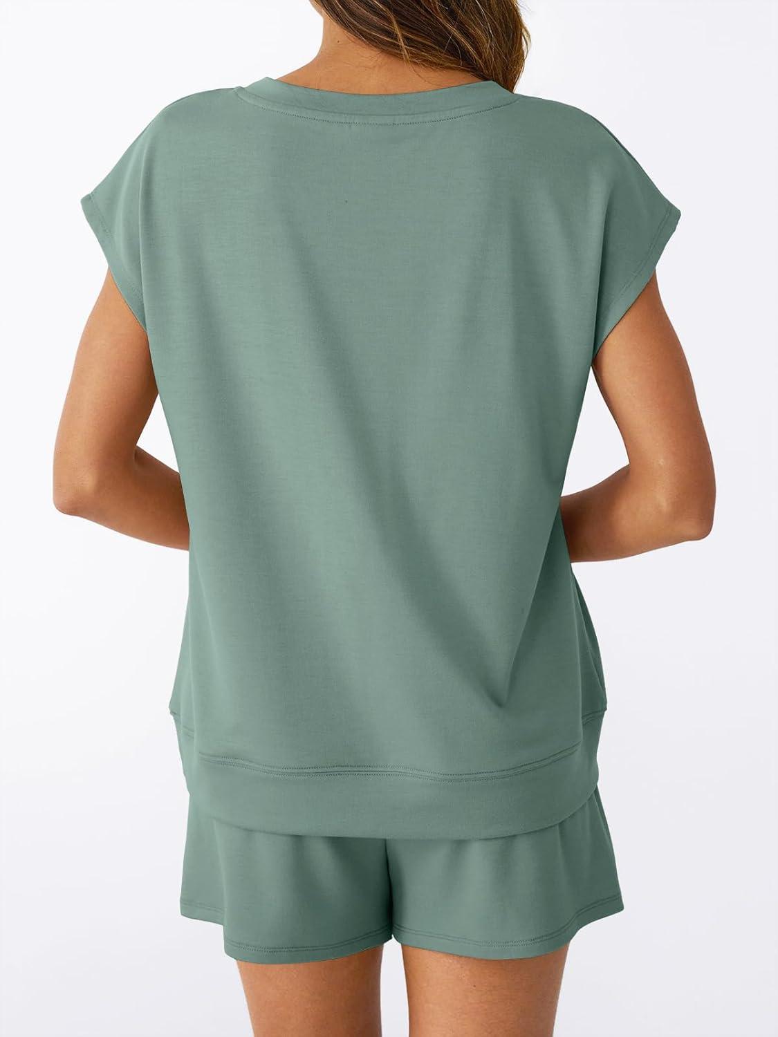 imageAUTOMET 2 Piece V Neck Cap Sleeve Shirt and Shorts Set Womens Matching Summer Lounge SetsSage