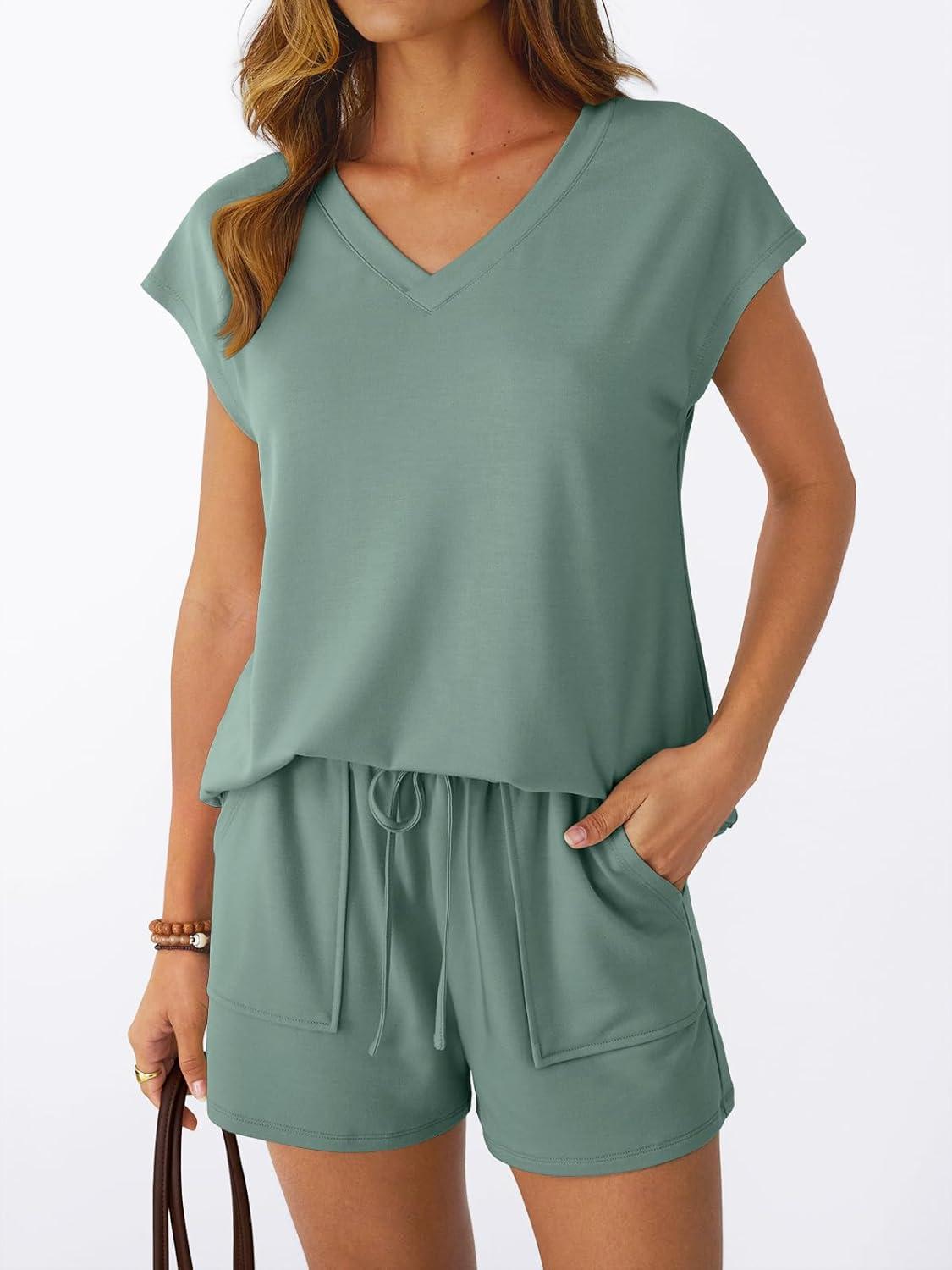 imageAUTOMET 2 Piece V Neck Cap Sleeve Shirt and Shorts Set Womens Matching Summer Lounge SetsSage