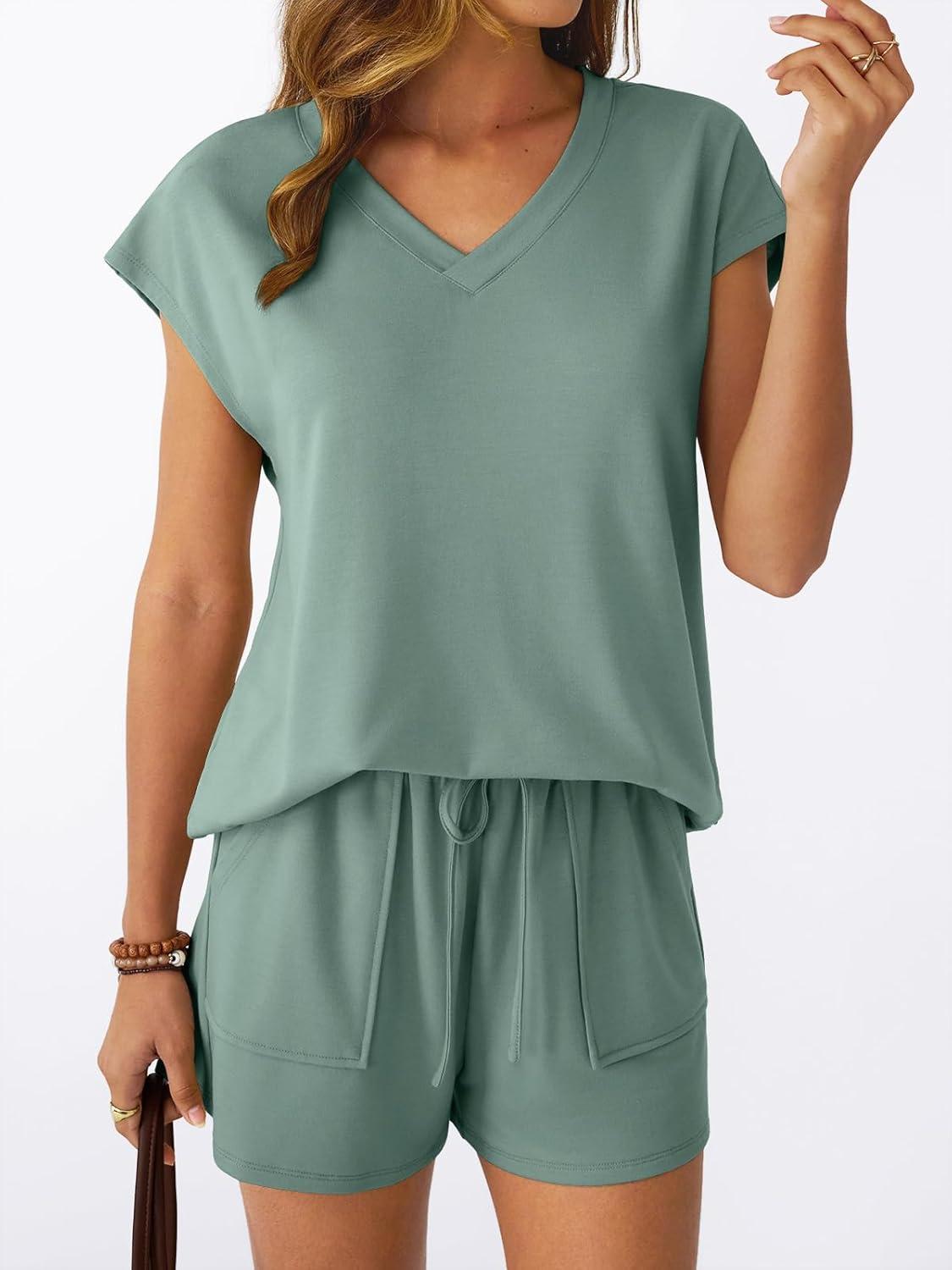 imageAUTOMET 2 Piece V Neck Cap Sleeve Shirt and Shorts Set Womens Matching Summer Lounge SetsSage