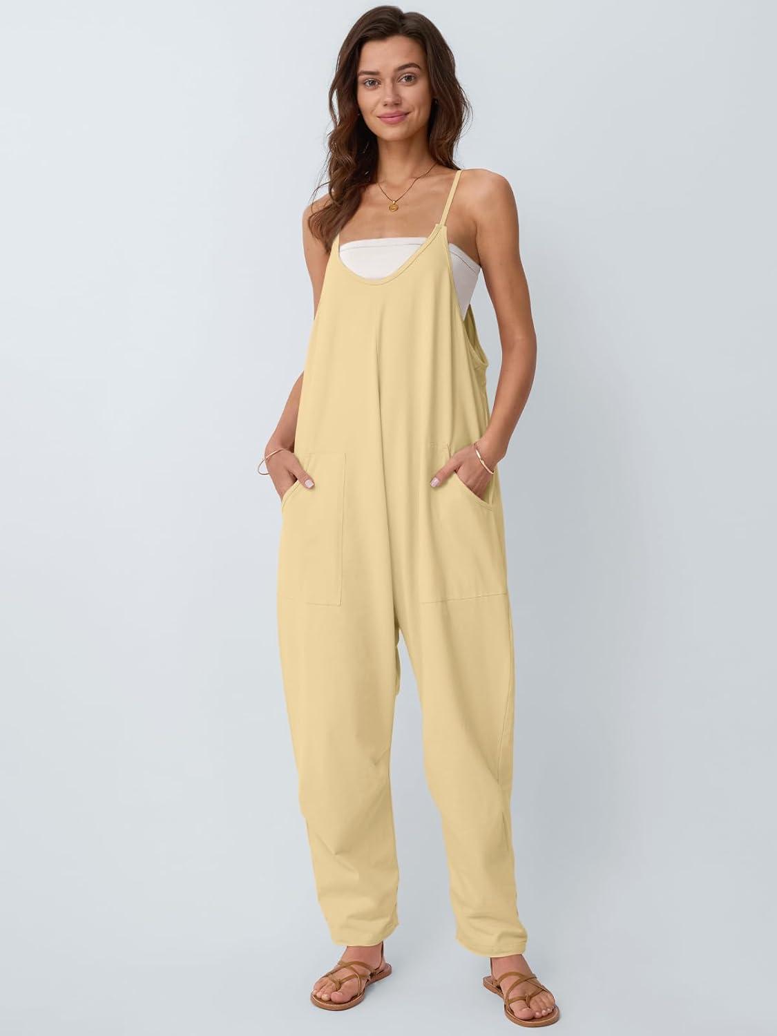 imageAUTOMET Jumpsuits for Women Casual Summer Outfits Rompers Comfy Beach Vacation Trendy Overalls Jumpers Fashion Clothes 2025Beigeyellow